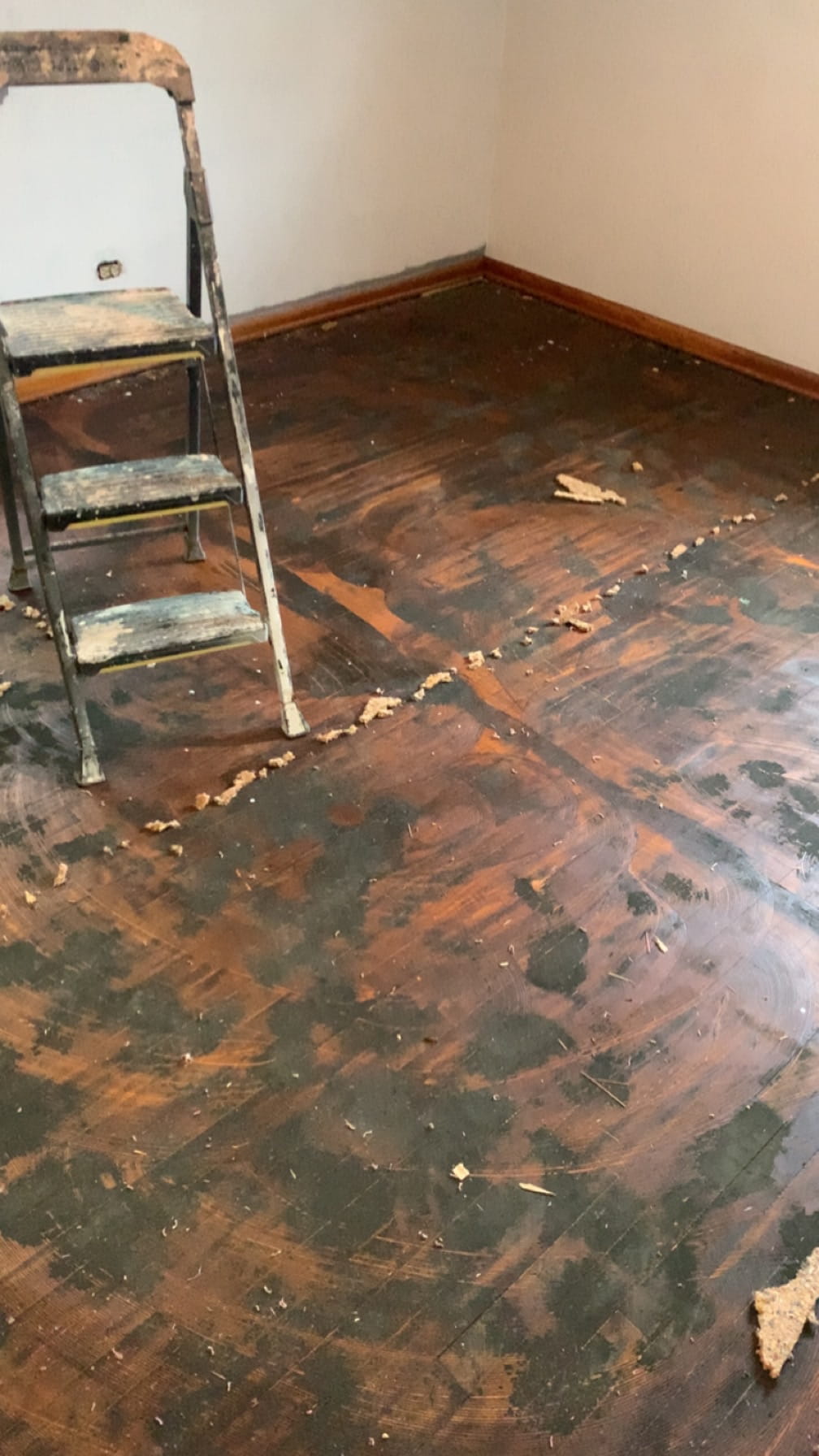 Before: worn hardwood floor before sanding and refinishing